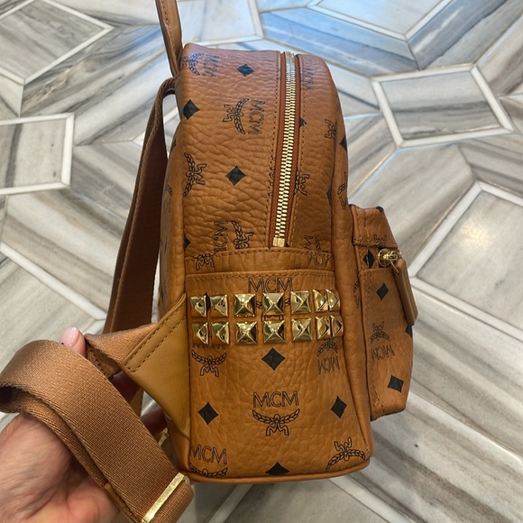 MCM Stark small backpack. Cognac with gold studs on side. - Picture 3 of 8